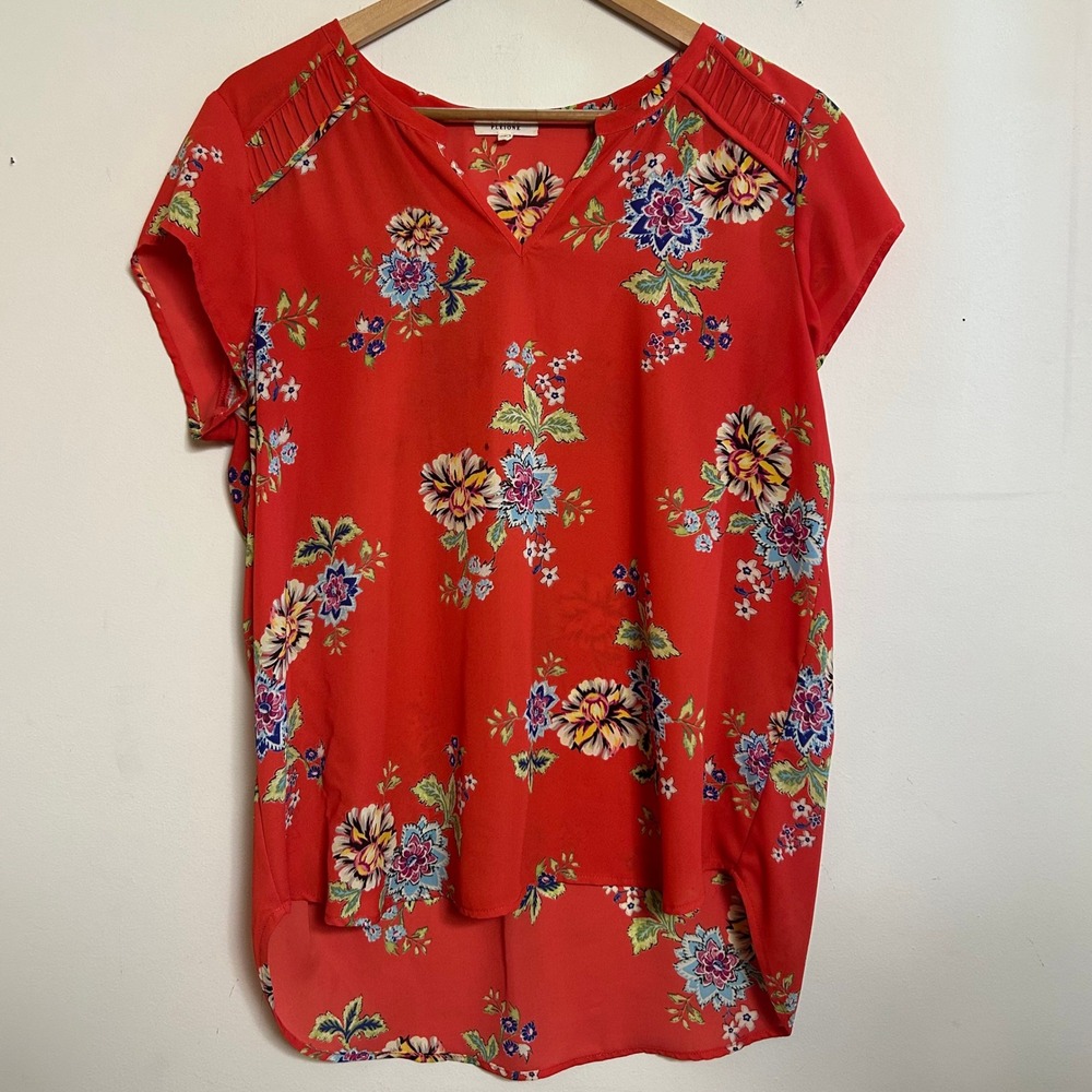 Pleione Floral Blouse Casual Large Red Summer Boho Colorful V-Neck Top